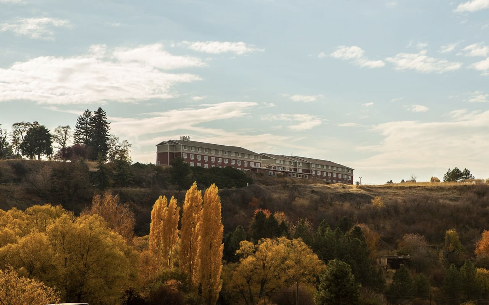 A hotel on a hill.